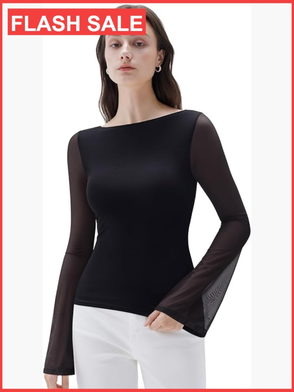 Mesh Sheer Bell Sleeve Top Boat Neck Fitted Blouse Going Out Shirt Long Sleeve